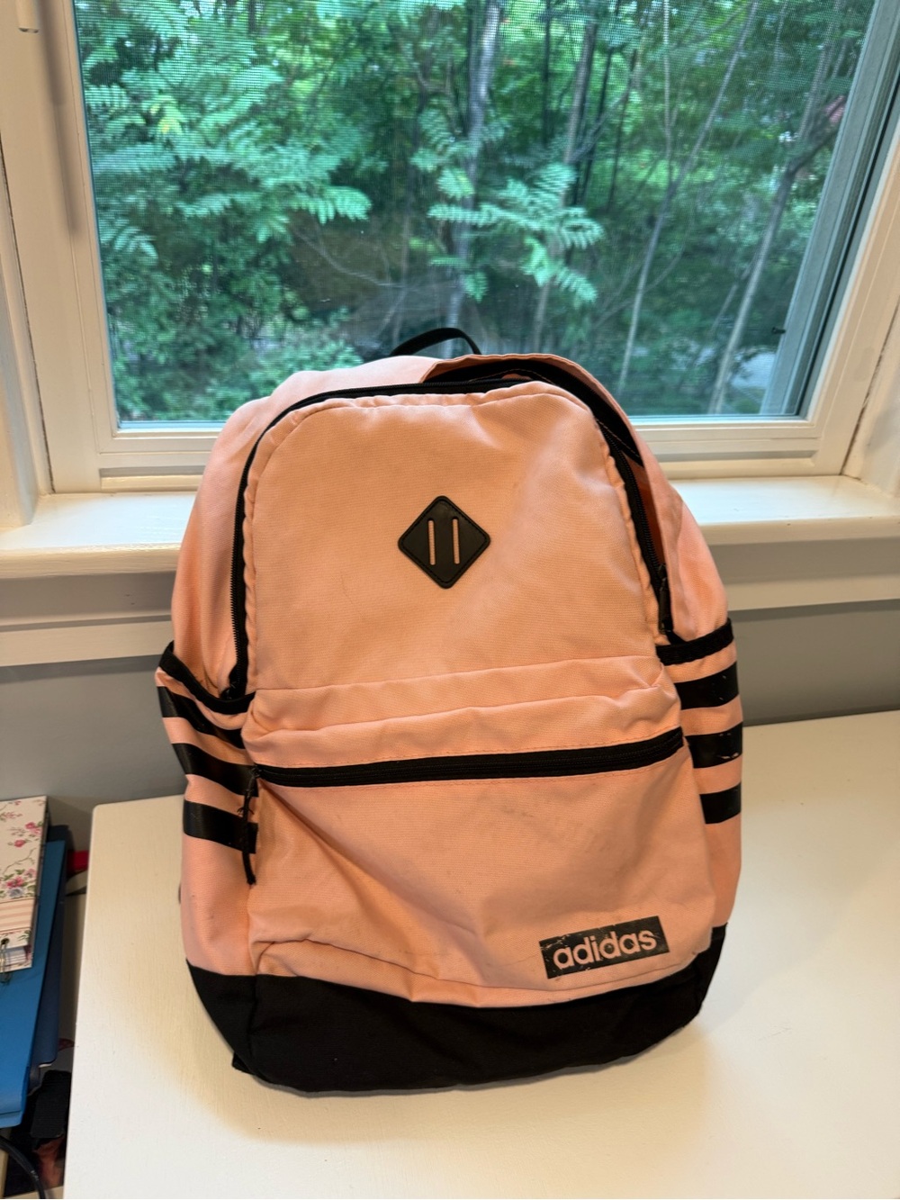 adidas Pink and Black Kids Backpack with Front Zip Pocket